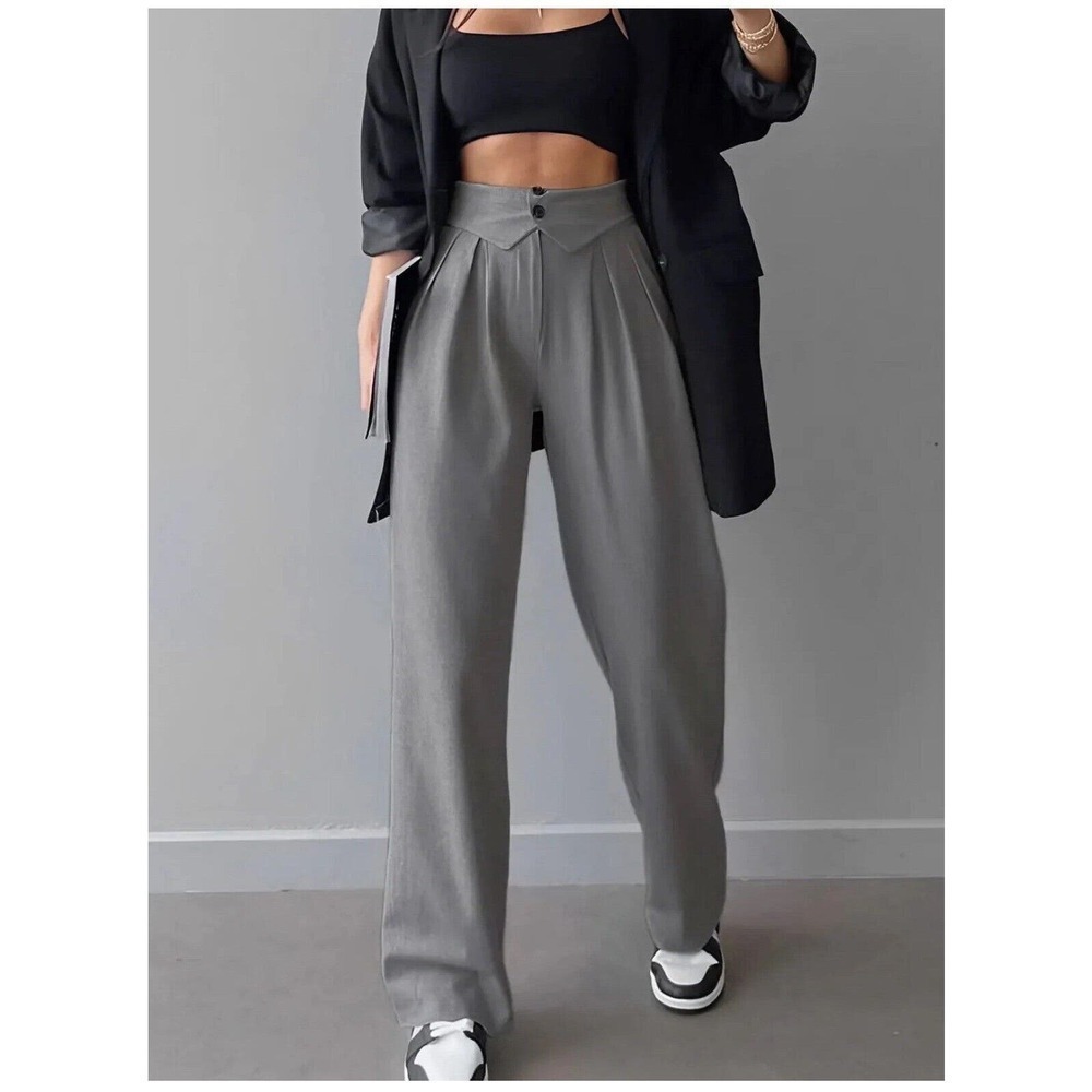 Commense Wide Leg High-Waist Trousers in Gray